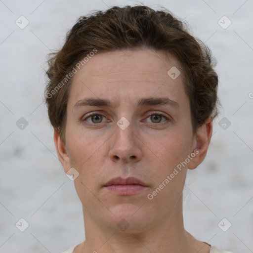 Neutral white young-adult male with short  brown hair and grey eyes