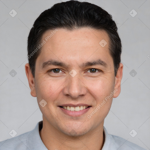 Joyful white adult male with short  brown hair and brown eyes