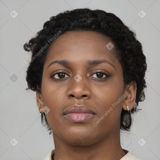 Neutral black young-adult female with short  black hair and brown eyes