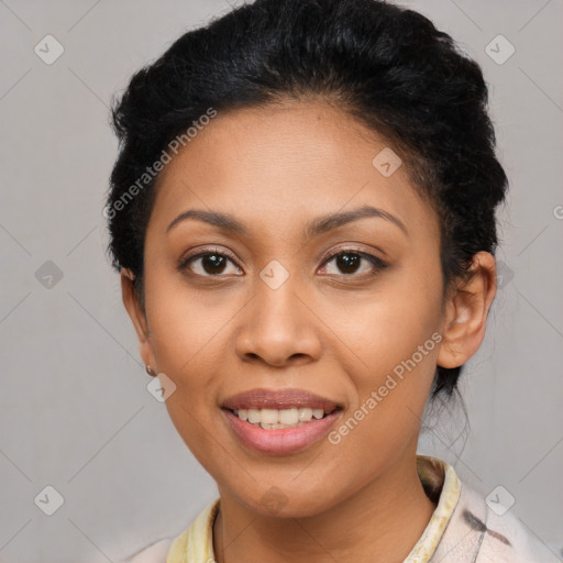 Joyful latino young-adult female with short  black hair and brown eyes