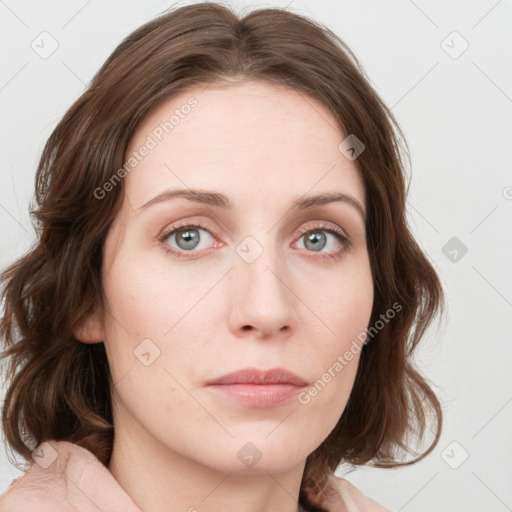 Neutral white young-adult female with medium  brown hair and blue eyes