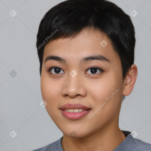 Joyful asian young-adult female with short  black hair and brown eyes