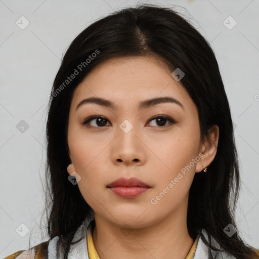 Neutral asian young-adult female with medium  black hair and brown eyes