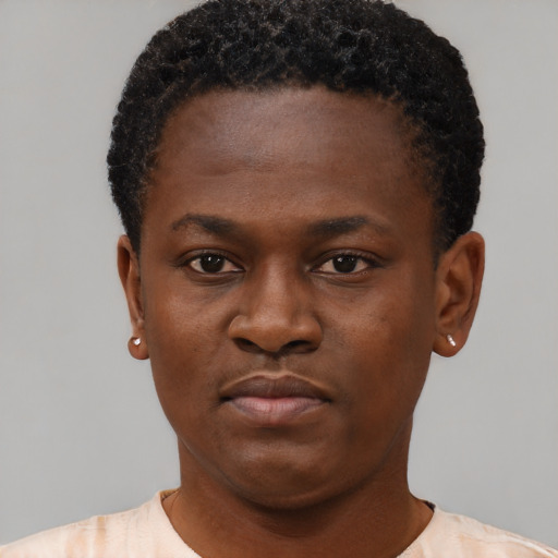 Neutral black young-adult female with short  black hair and brown eyes