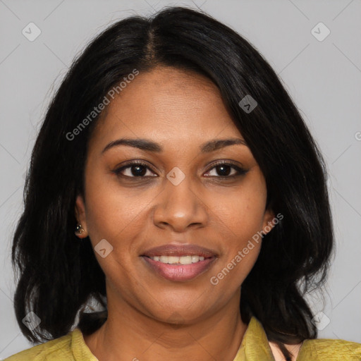 Joyful black young-adult female with medium  black hair and brown eyes
