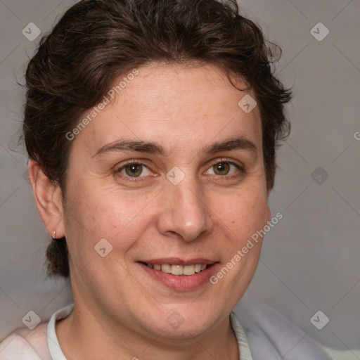 Joyful white adult female with short  brown hair and brown eyes