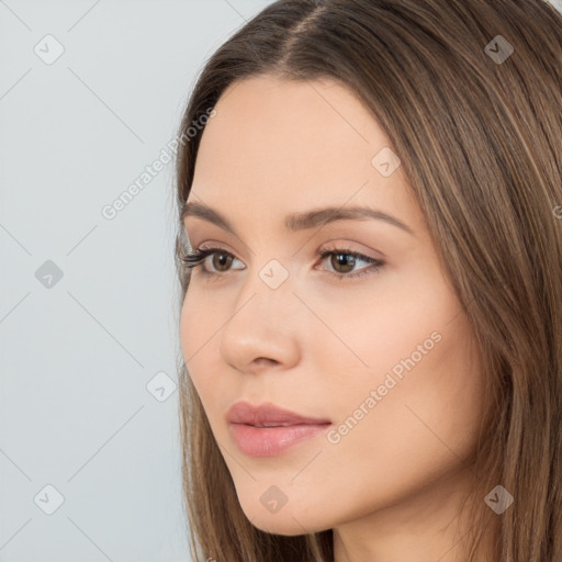 Neutral white young-adult female with long  brown hair and brown eyes