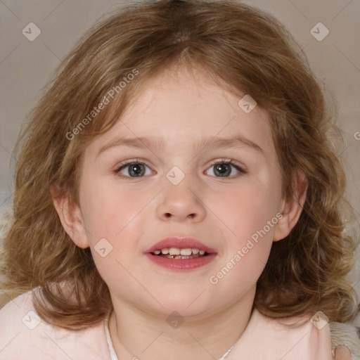 Joyful white child female with medium  brown hair and brown eyes