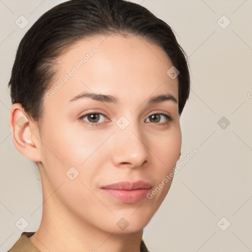 Neutral white young-adult female with short  brown hair and brown eyes