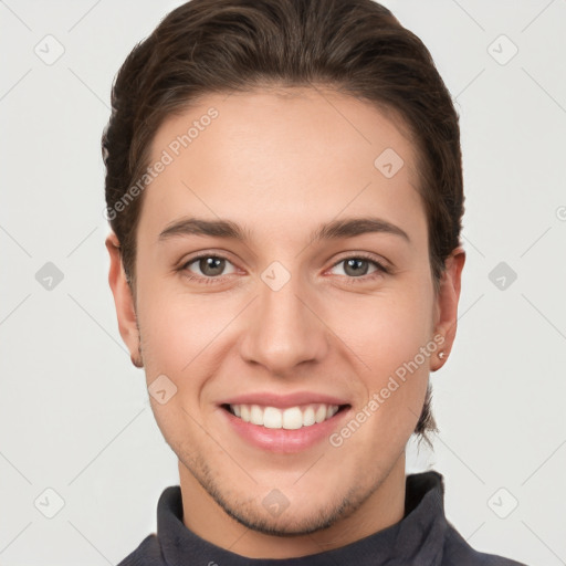 Joyful white young-adult female with short  brown hair and brown eyes