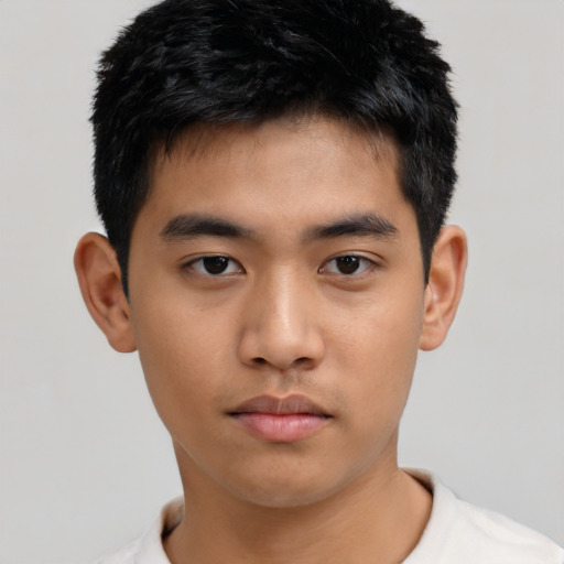 Neutral asian young-adult male with short  black hair and brown eyes