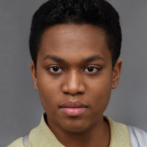 Neutral black young-adult female with short  black hair and brown eyes