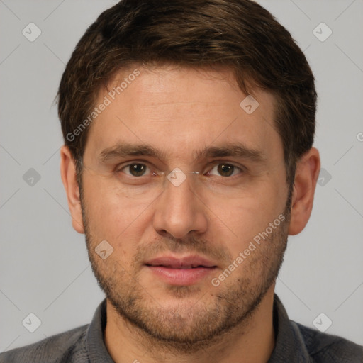 Neutral white adult male with short  brown hair and brown eyes