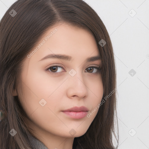 Neutral white young-adult female with long  brown hair and brown eyes