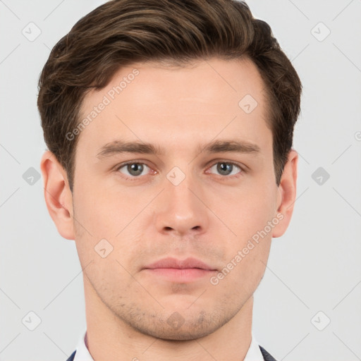 Neutral white young-adult male with short  brown hair and brown eyes