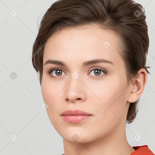 Neutral white young-adult female with short  brown hair and brown eyes