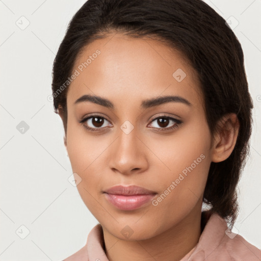 Neutral latino young-adult female with medium  brown hair and brown eyes