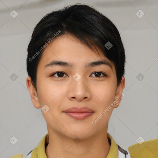 Joyful asian young-adult female with short  brown hair and brown eyes