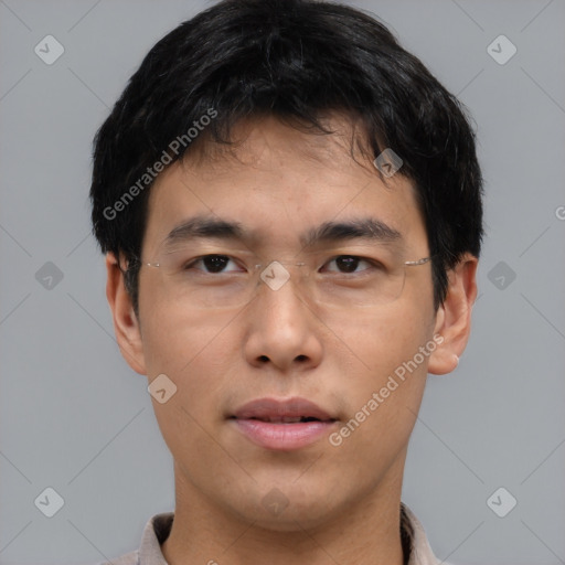 Neutral asian young-adult male with short  brown hair and brown eyes