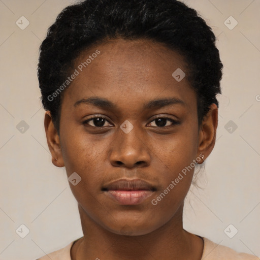 Neutral black young-adult female with short  black hair and brown eyes