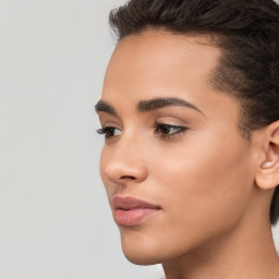 Neutral white young-adult female with short  brown hair and brown eyes