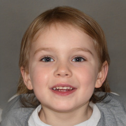 Joyful white child female with medium  brown hair and blue eyes