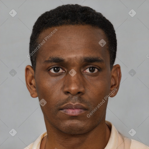 Neutral black young-adult male with short  black hair and brown eyes