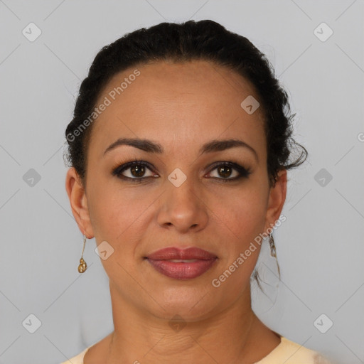 Joyful latino young-adult female with short  brown hair and brown eyes