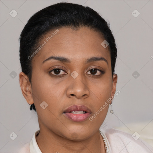 Neutral latino young-adult female with short  brown hair and brown eyes