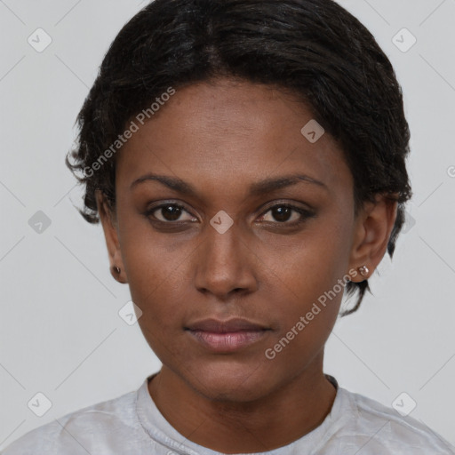 Neutral black young-adult female with short  brown hair and brown eyes