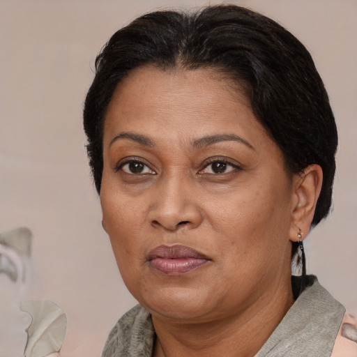 Joyful asian adult female with short  brown hair and brown eyes