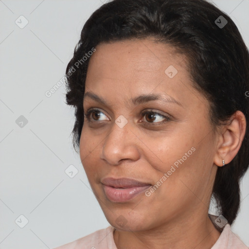 Joyful white adult female with short  brown hair and brown eyes