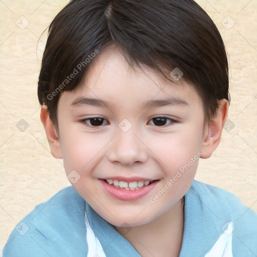 Joyful white child female with short  brown hair and brown eyes