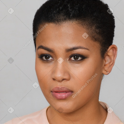 Neutral black young-adult female with short  brown hair and brown eyes