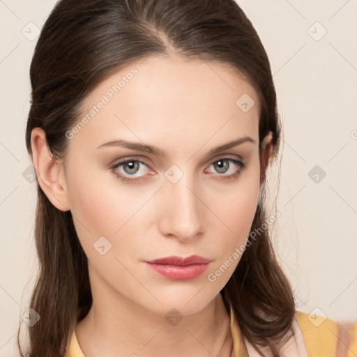 Neutral white young-adult female with medium  brown hair and brown eyes