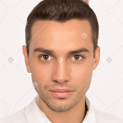 Neutral white young-adult male with short  brown hair and brown eyes