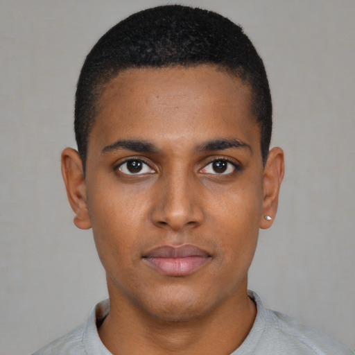 Neutral black young-adult male with short  brown hair and brown eyes