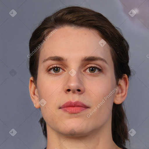 Neutral white young-adult female with medium  brown hair and brown eyes