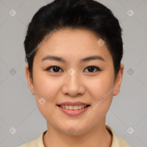 Joyful latino young-adult female with short  brown hair and brown eyes