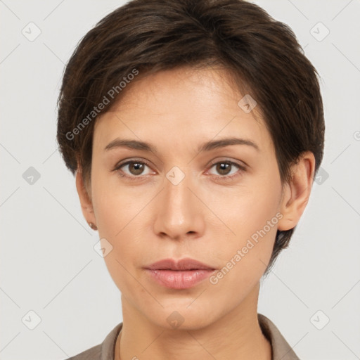 Neutral white young-adult female with short  brown hair and brown eyes