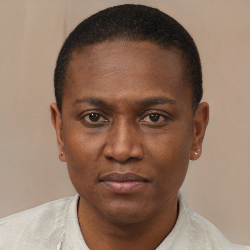 Joyful black young-adult male with short  brown hair and brown eyes