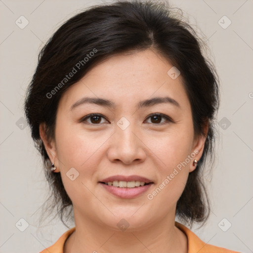 Joyful white young-adult female with medium  brown hair and brown eyes