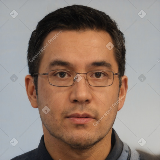 Neutral asian adult male with short  black hair and brown eyes