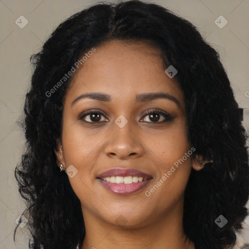 Joyful black young-adult female with long  brown hair and brown eyes