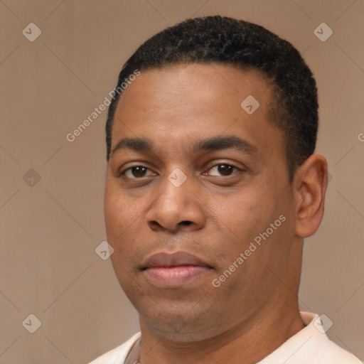 Neutral black young-adult male with short  black hair and brown eyes