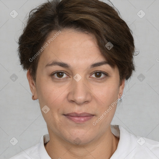 Joyful white adult female with short  brown hair and brown eyes