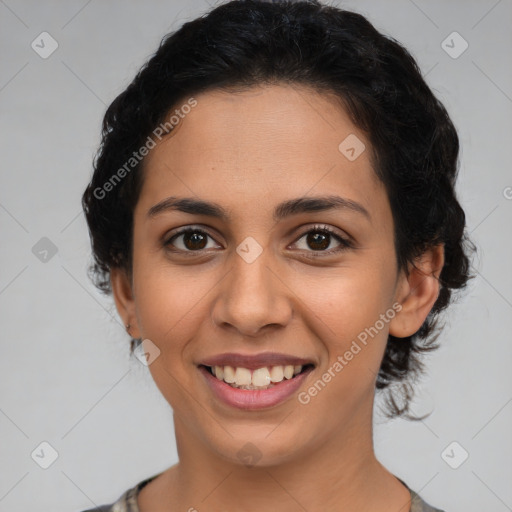 Joyful latino young-adult female with medium  brown hair and brown eyes