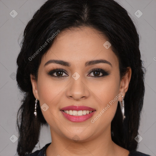 Joyful latino young-adult female with medium  brown hair and brown eyes