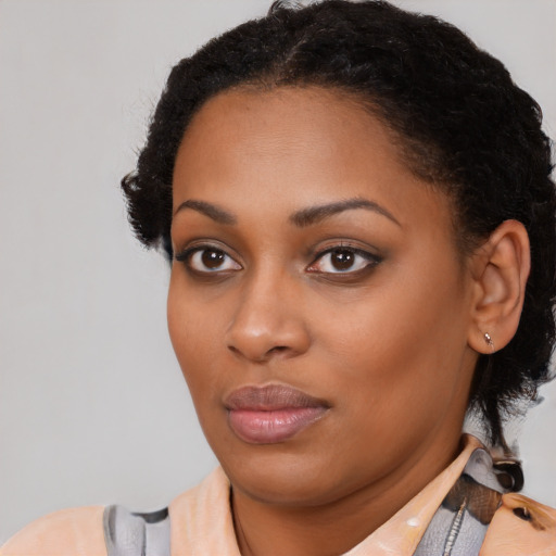 Neutral black young-adult female with medium  brown hair and brown eyes