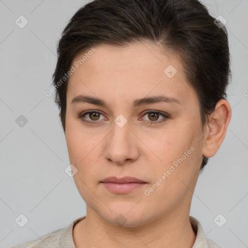 Neutral white young-adult female with short  brown hair and brown eyes